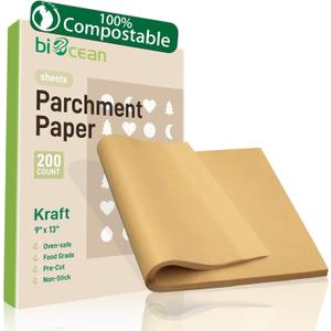 200Pcs 9x13 In Unbleached Parchment Paper Sheets Precut Heavy Duty Flat Kitchen Baking Supplies Paper Non-Stick,Non-Toxic Cooking Paper for Air Fryer, Steaming, Oven Make Cup Cake Bread Cookie (Kraft-200Pack)