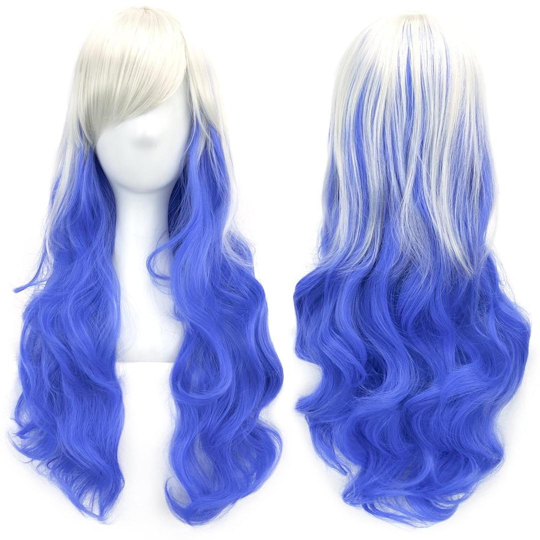 IMISSU 26'' Long Natural Hair Cosplay Wig with Bangs Colorful Halloween Costume Party Wigs for Women (White Blue)