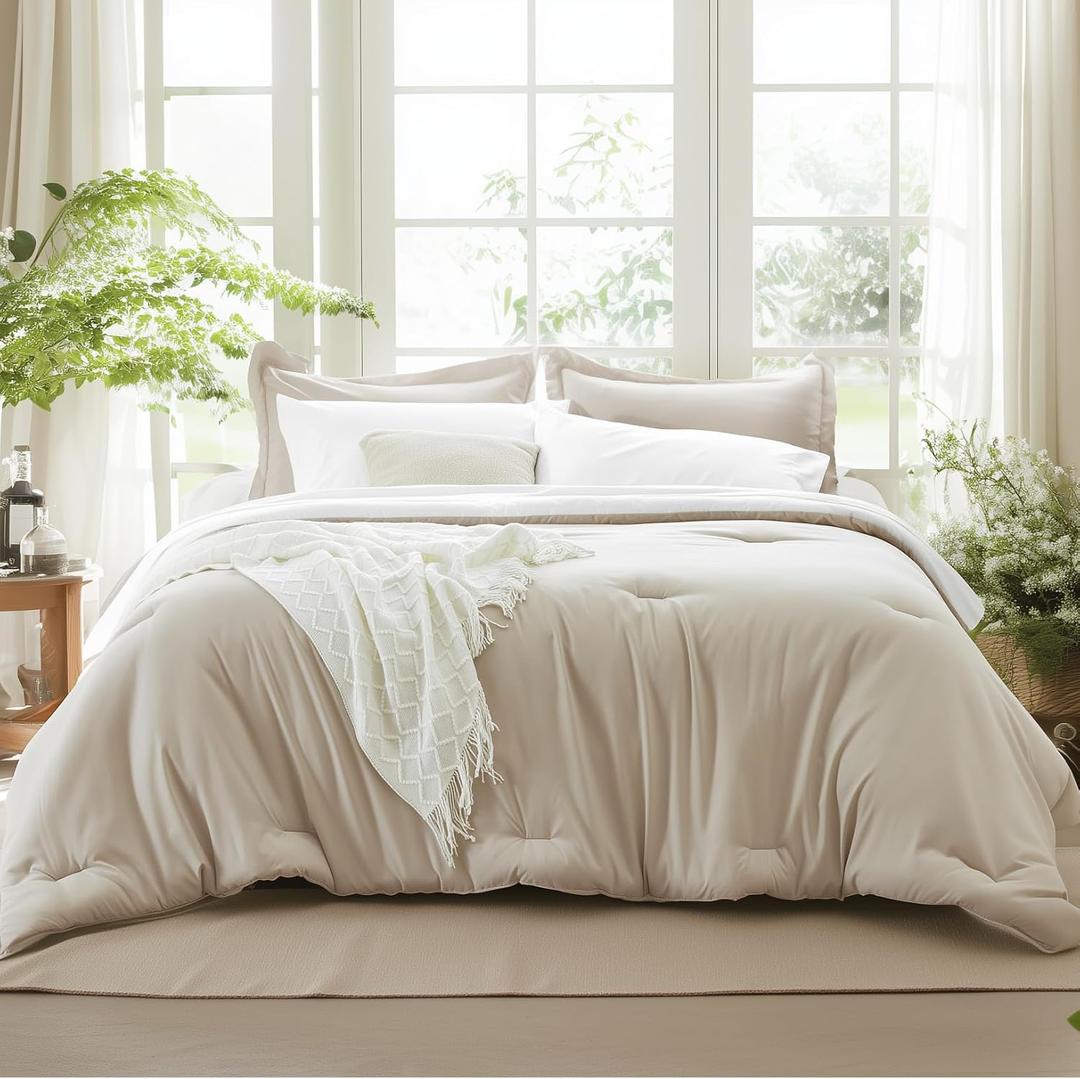 Beige Comforter Set Queen Reversible Bedding Set, 7 Pieces Soft Bed in a Bag Queen with Comforter, Sheets, Pillowcases & Shams, All Seasons Boho Queen Bed Set (02 Linen Beige)