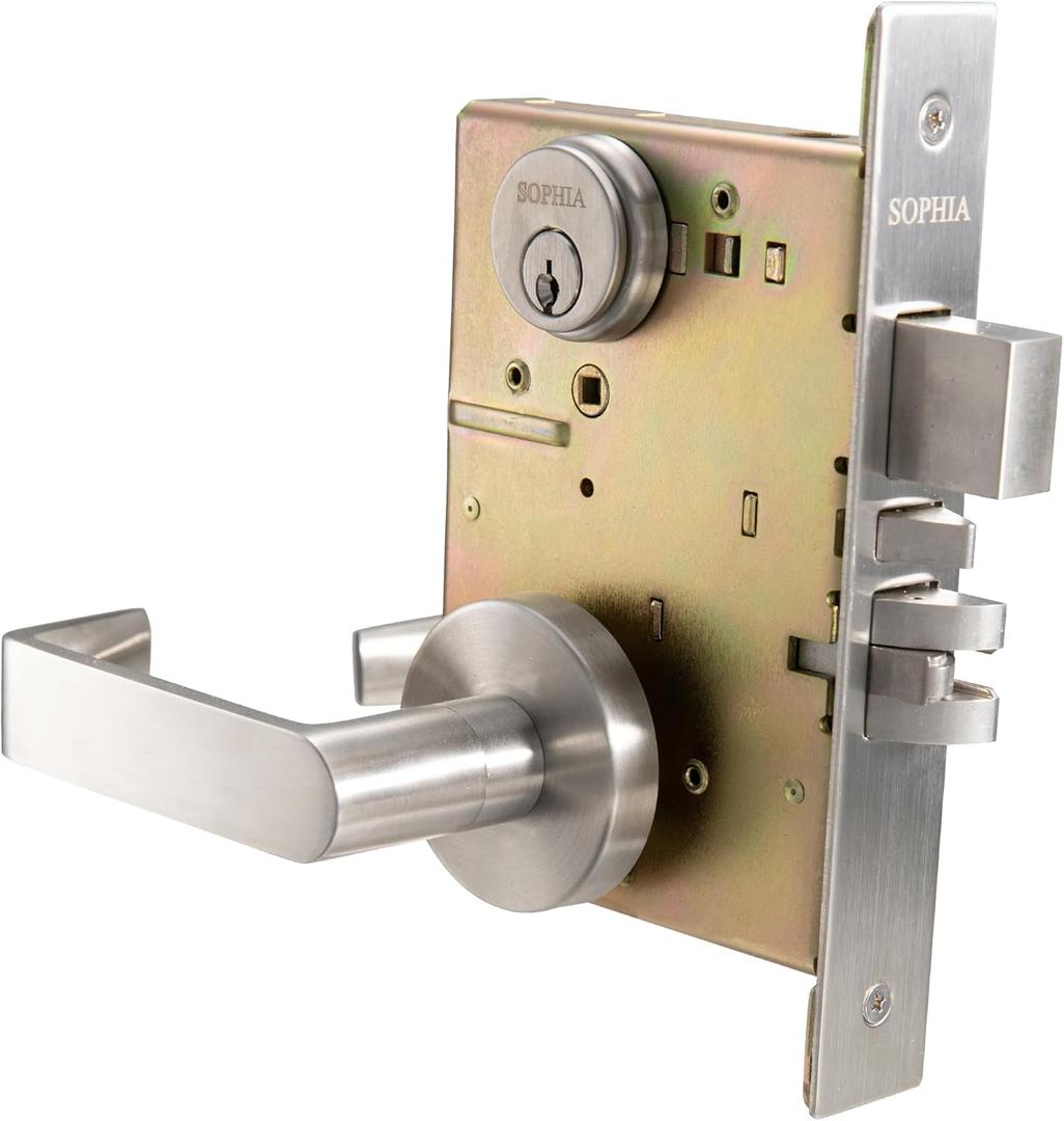 SOPHIA Commercial/Residential Heavy Duty Mortise Lockset Door Lever Lock Non-Handed Grade 1 - Rose Only Keyed Lever Lockset, ADA, US32D Satin Chrome Finish for Entrance Front Door