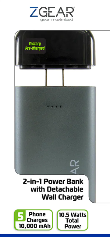 ZGear 2-in-1 Power Bank with Detachable Wall Charger - Black/Gray