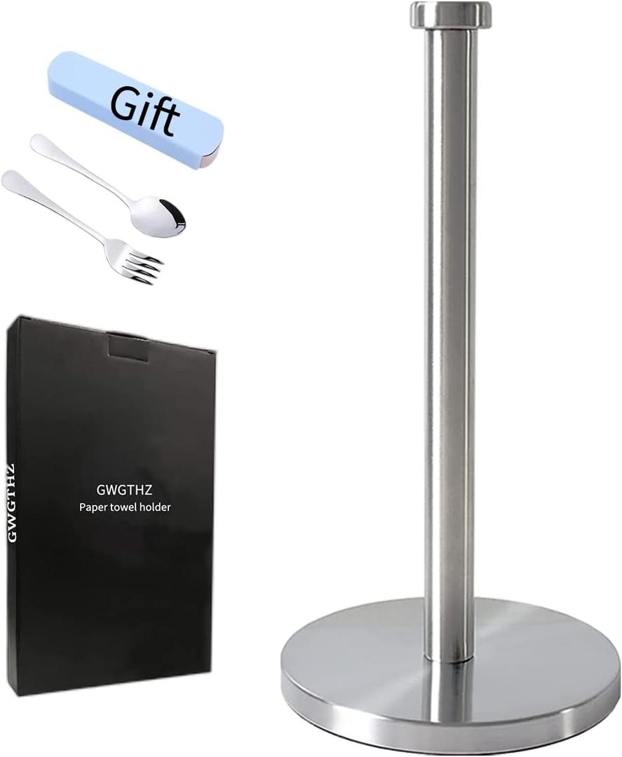 Silver Standing Paper Towel Holder for Kitchen& Bathroom Countertop,Under Counter, Table Or BBQ, Standard or Jumbo-Sized Roll Paper (with Stainless Steel Base) (Sliver)