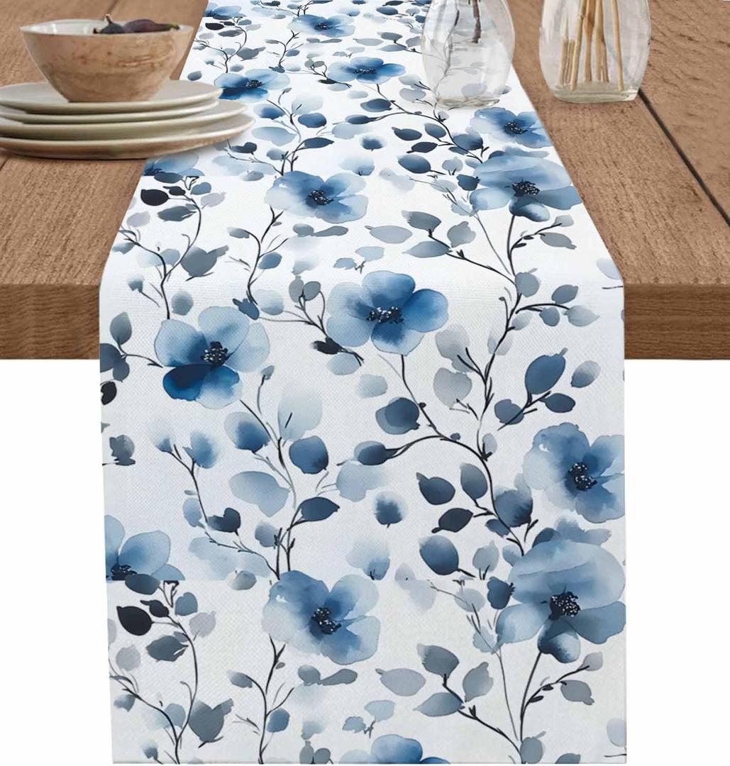 Blue Floral Burlap Dining Short Table Runner 36 Inches, Tree Branch Spring Flowers Watercolor Table Runner Kitchen Coffee Table Runners Decoration for Indoor Outdoor Holiday Party Dresser