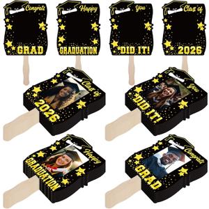 Amyhill 24 Pcs 2026 Graduation Fans with Photo Personalized Graduation Fans with Handle Custom Cutout Face Fan Double Sided DIY Photos Frame for Class of 2026 Grad Photo Props Party Favor(Black Gold)