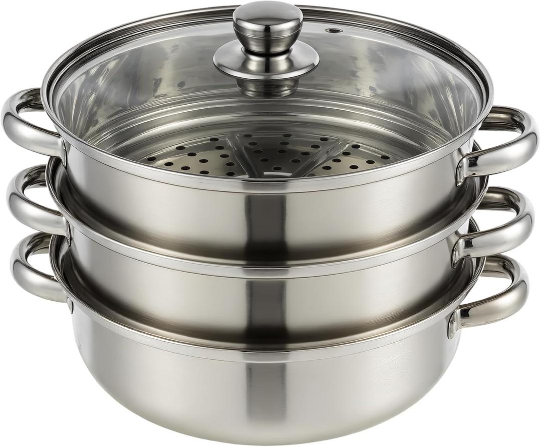 3-Tier Stainless Steel Steamer Pot with Lid, Multipurpose Steam Pots for Cooking, Vegetable & Dumpling Steamer Set with Durable Handles and Glass Lid for Fish, Meat, and Seafood