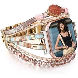 HARAVAL Leather Beaded Bracelet Compatible with Fitbit Versa 4/Versa 3 Bands/Sense 2/Sense Bands for Women Men, Cute Handmade Multilayer Wrap Boho Strap for Fitbit Smartwatch (Pink/Black/Silver/Beige)