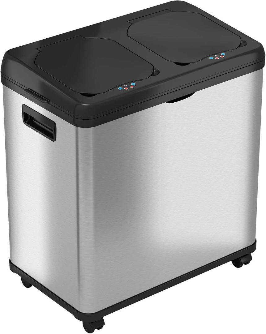 iTouchless 16 Gallon Stainless Steel Dual Compartment Sensor Kitchen Trash Can and Recycle Bin with Wheels – 60L Rectangular Garbage Can with Touchless Motion Sensor Lid & Removable Inner Buckets