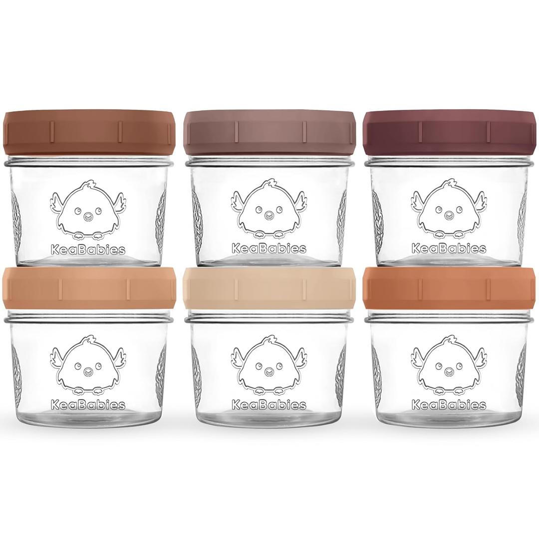 KeaBabies 6pk 4oz Glass Baby Food Containers with Lids - Leak-Proof, Microwavable Small Glass Jars, Baby Purees & Toddler Snack Storage Containers, BPA-Free, Dishwasher & Freezer Safe (Terracotta)