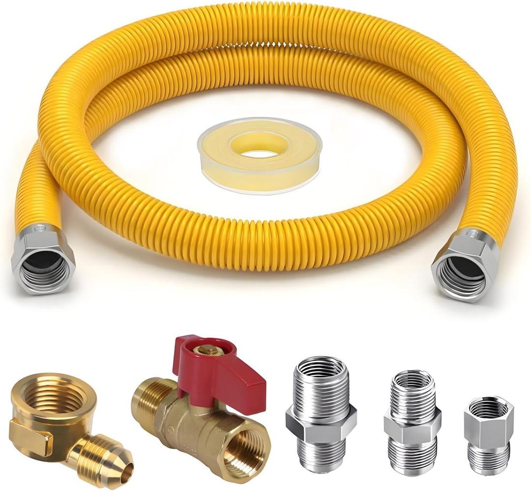 Gas Dryer Connector Kit - 24” Yellow Coated Stainless Steel Flexible Gas Line Hose with Shut-off Valve, Fittings and 90 Degree Elbow for Propane Heater, Gas Dryer, Stove and Cooktop