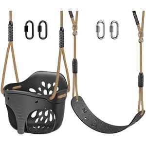 SELEWARE Toddler Swing Set Accessories High Back Full Bucket Swing Seats w/Adjustable Rope and 4 Locking Carabiners, Cute Elephant Shape Design 600LB Capacity (2 Pack)