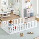 Spirich Twin Size Solid Wood Kids Floor Bed Frame with Fence and Door