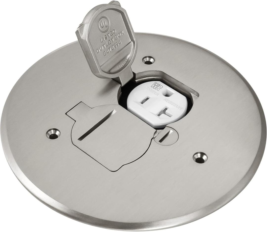 ENERLITES Dual Flip Lid Floor Box Cover, 5.625" Diameter, 20A Tamper-Weather Resistant Receptacle Outlet, Watertight Gaskets, 975517-S, UL Listed, Nickel Plated Brass, 1 Gang