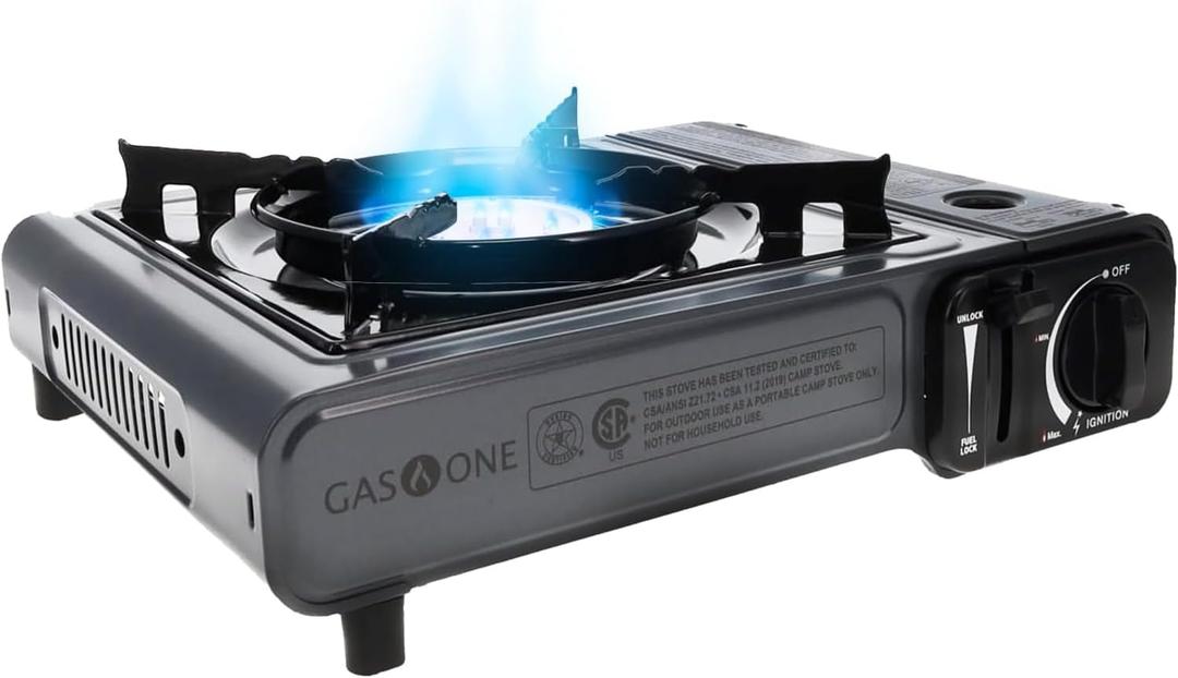 Gas One Portable Butane Camping Stove with Case: Automatic Ignition, Precise Heat Control - Camping & Tailgating and Outdoor Cooking (New Style Gray)