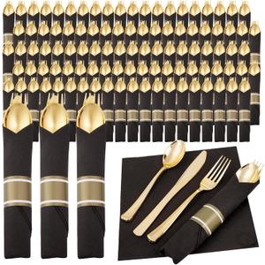 Supernal 120-Pack Pre-Rolled Silverware Set, Wrapped Disposable Silverware Set, Disposable Utensils Includes 120 Plastic Forks and Spoons, 120 Plastic Knives, 120 Napkins for Wedding, Birthday, Party (Black and Gold)