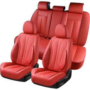 KEYOOG 5-Seater Car Seat Covers Full Set, Fit for Front and Rear Seats of Cars, Waterproof and Breathable Nappa Leather, Compatible with Airbags, Car Seat Protector Covers for Most Cars - Red