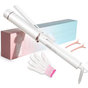 1.5 Inch Extra Large Curling Wand for Long Hair - Ceramic Tourmaline Barrel with 40000000 Negative Ions, 2 Clips & Heat-Resistant Glove (White)