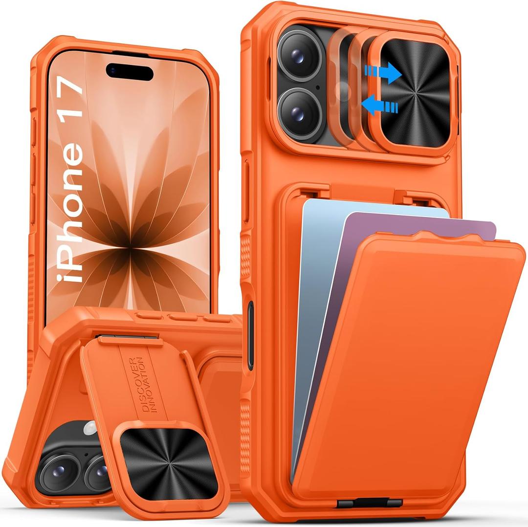 SSLOTSCASE for iPhone 17 Case with Hidden Card Holder & Camera Stand & Adjustable Kickstand & Slide Camera Lens Cover & Wallet, Military-Grade Heavy Duty Phone Case Cover for iPhone 17 6.3'', Orange
