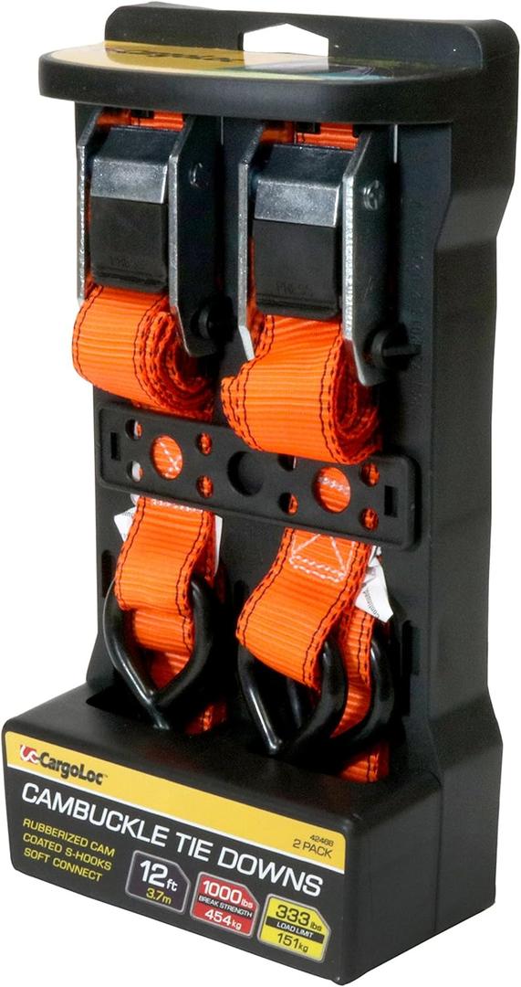 CargoLoc Premium Cam Buckle Tie Downs - 2 Pk - 12 Ft - 300 Lbs Load Cap - 900 Lbs Break Strength - Cargo Straps for Moving Appliances, Lawn Equipment, Motorcycles, etc. - ORANGE