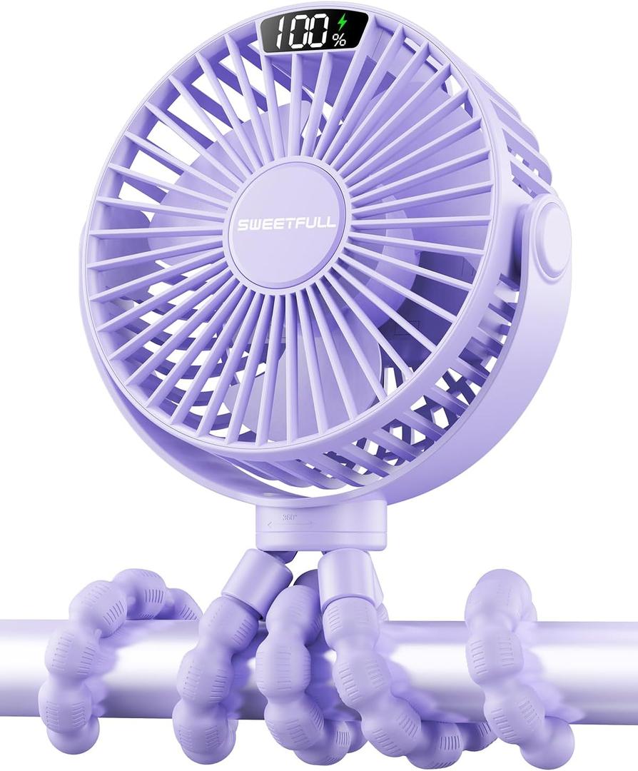 SWEETFULL Portable Stroller Fan with Display 4000mAh Battery Powered Mini Clip On Fan, 4-Speed Rechargeable Small Personal Cooling for Baby Car Seat Crib Travel - Purple