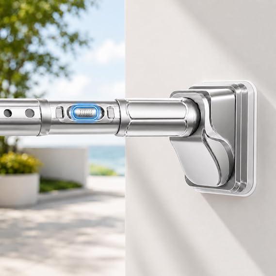 JILRON Tension Shower Curtain Rod 41-200in(3.41-16.6ft),No Drill Silver Color Spring Rod,Versatile-1.26" dia,One-Click Stretch Design, Upgraded Anti-Slip Pads