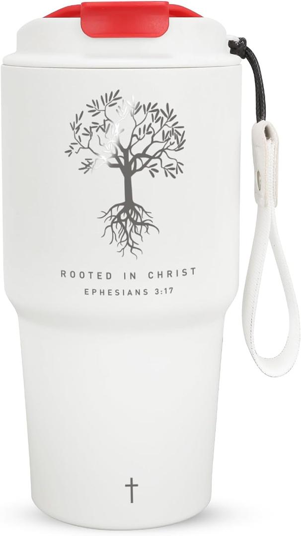 AETHER Christian Tumbler with Lid & Carrying Strap, 20oz Christian Travel Mug with Inspirational Bible Verse, Inspirational Religious God Gifts for Women (White)