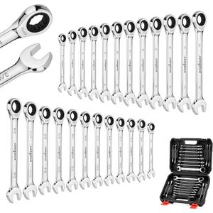 HORUSDY 24-Piece Ratcheting Wrench Set | Metric and SAE | Ratchet Combination Wrenches Set with Organizer | 72-Tooth | Chrome Vanadium Steel | 6-18 mm & 1/4 to 3/4 (24-Piece)