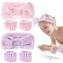 6Pack Headband and Wristband Set for Washing Face, Spa Skincare Makeup Headband, Soft Puffy Hair Band Bow Tie, for Women and Teen Girl Trendy Stuff Gifts (Pink+purple)