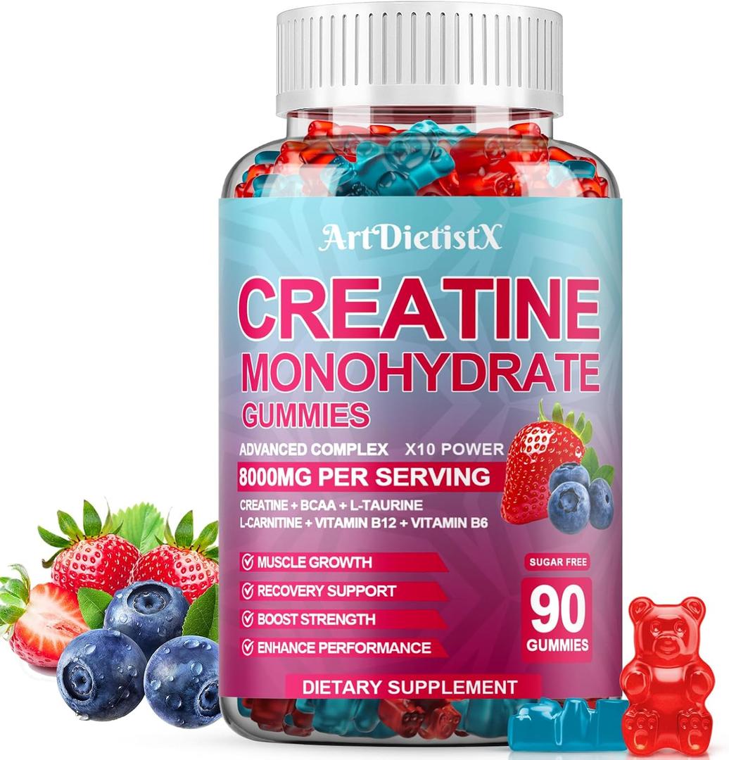 Creatine Monohydrate Gummies with BCAA, L-Carnitine, Taurine & Vitamin B12 - Pre Workout Supplement for Muscle Growth, Strength & Energy, Multi-Flavor Chewable Gummies, 90 Count for Men & Women