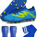 brooman Kids Firm Ground Soccer Cleats Boys Girls Football Shoes with Shin Guards and Soccer Socks (1 Little Kid, Blue)