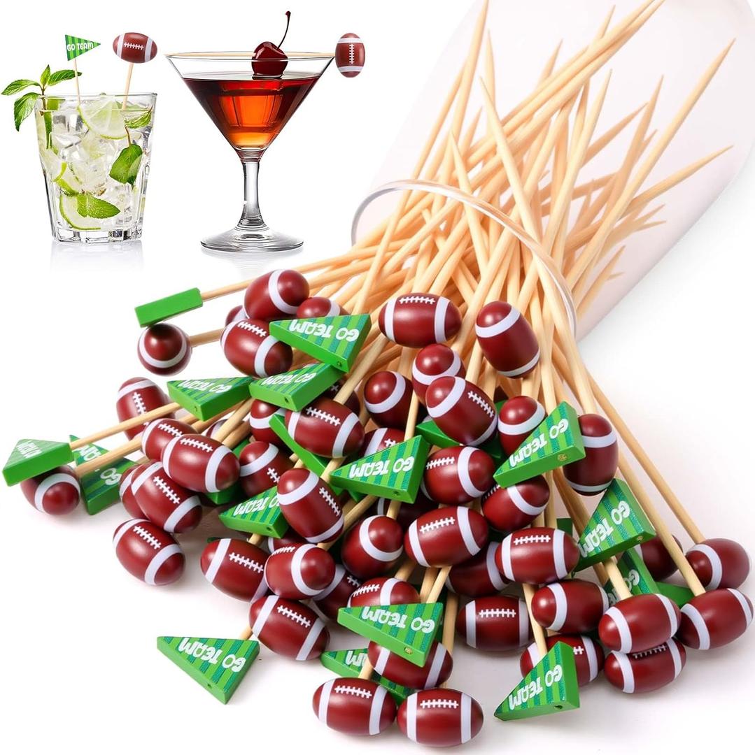 300pcs Chengu Football Cocktail Picks Football Toothpicks for Appetizers 4.7 Inch Bamboo Decorative Cocktail Picks Skewers Wooden Decorative Fruit Toothpicks Fruits Sandwich Charcuterie Accessories