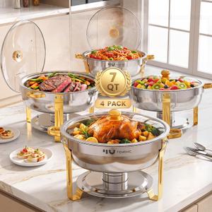 Femchic 7QT Round Chafing Dishes for Buffet, 4 Pack Gold Chafer Set