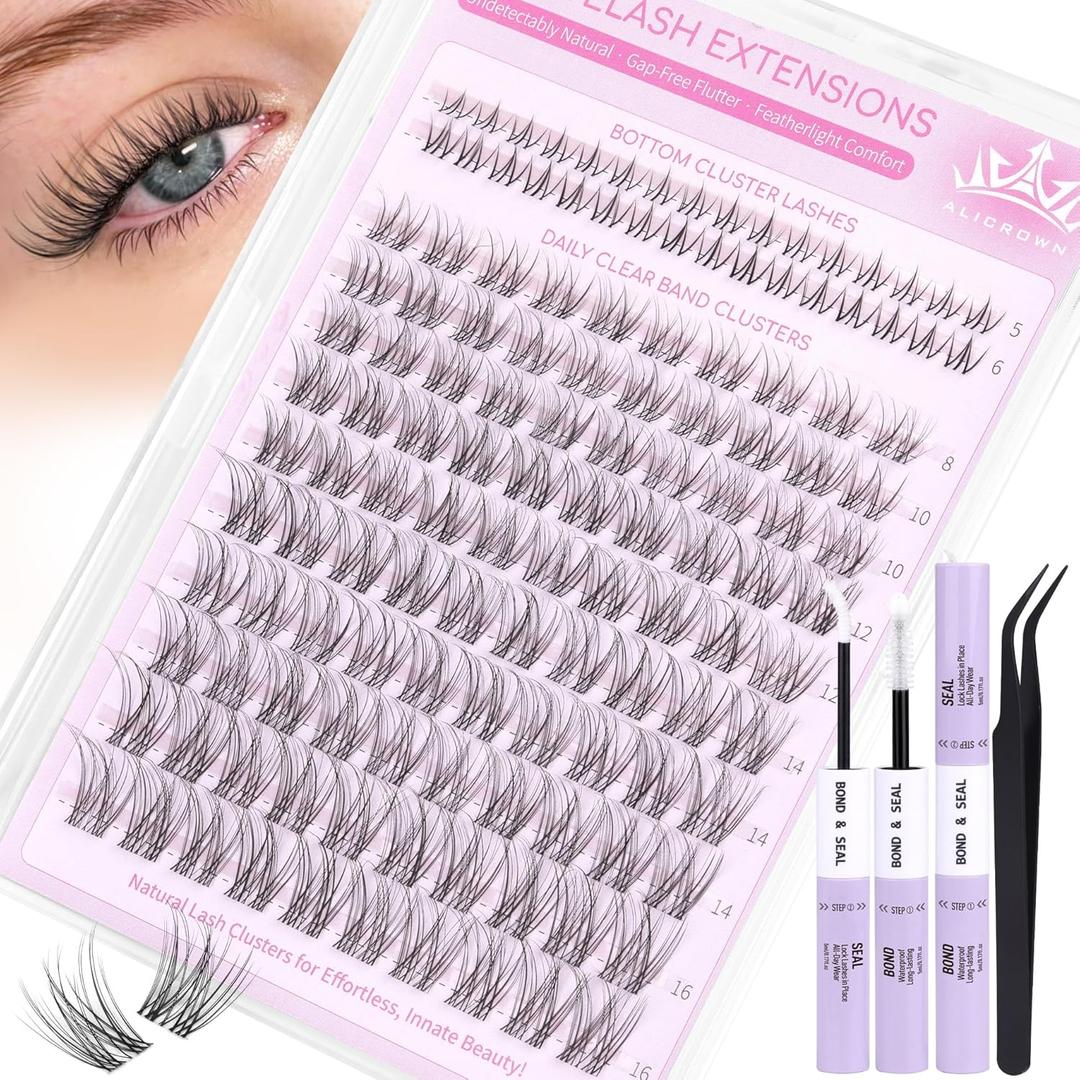Natural Lash Clusters Kit Wispy Eyelash Clusters Kit with Bottom Eyelashes C Curly Lash Extension Kit with Invisible Band DIY Individual Lashes Kit with Lash Bond and Seal 132Pcs