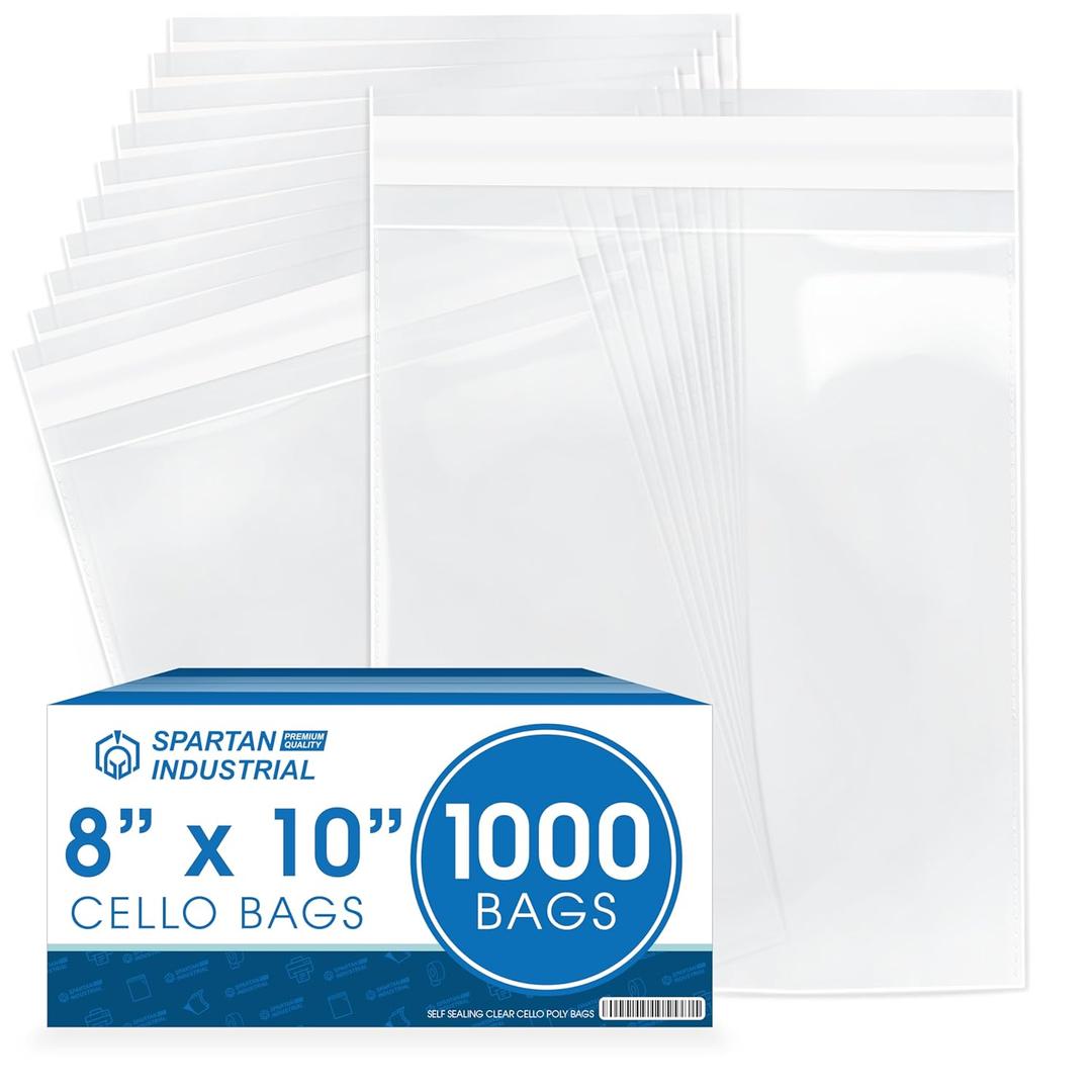 8" X 10" Self-Sealing Cellophane Bags (1000 Count) Clear Resealable Cello Bags for Art Prints, Photos, Stickers, Cookies, and Crafts - Resealable Adhesive Flap, Reinforced Sides - Spartan Industrial