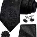 GUSLESON 3.15"8cm Mens Floral Tie and Lapel Pin Necktie Hankerchief Cufflinks Set for Men (Black)