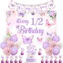 Butterfly Half Birthday Decoration Girl, It’s My 1/2 Birthday Decoration Butterfly Theme Backdrop Banner Cake Cupcake Topper Latex Balloon Purple for Flower Fairy 6 Months Party Supplies