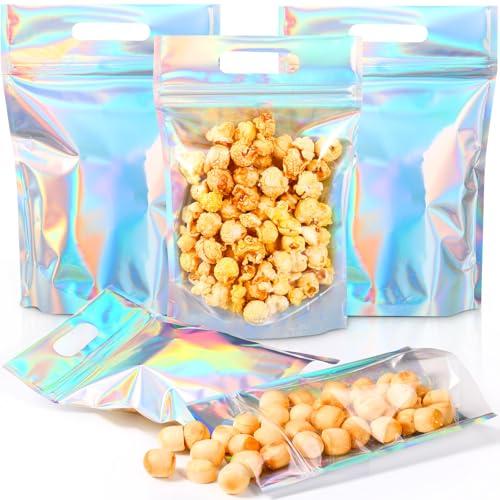 Teenyyou 60 Pcs Iridescent Snack Bags with Handles Reusable Plastic Holographic Gift Bags Colorful Candy Treat Goodie Cookie Handbags for Baby Shower Halloween Birthday Party Favors Supplies