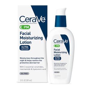 CeraVe PM Facial Moisturizing Lotion, Night Cream with Hyaluronic Acid and Niacinamide, Ultra-Lightweight, Oil-Free Moisturizer for Face, 3 Ounce (3 Fl Oz (Pack of 1))