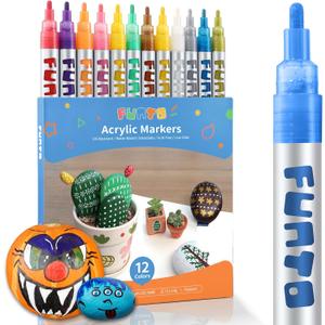 Funto Acrylic Paint Pens for Rock Painting, Fabric, Wood, Canvas, Metal, Ceramic, Glass, 12 Colors Paint Marker Set, Non-Toxic, Quick Drying