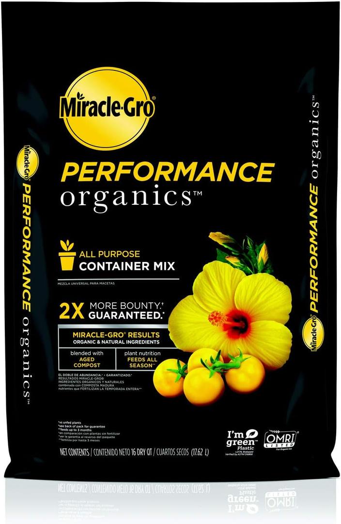 Miracle-Gro Performance Organics All Purpose Container Mix, 16 qt. - Organic, All Natural Plant Soil - Feed for up to 3 Months - All-Purpose Formula for Vegetables, Flowers and Herbs