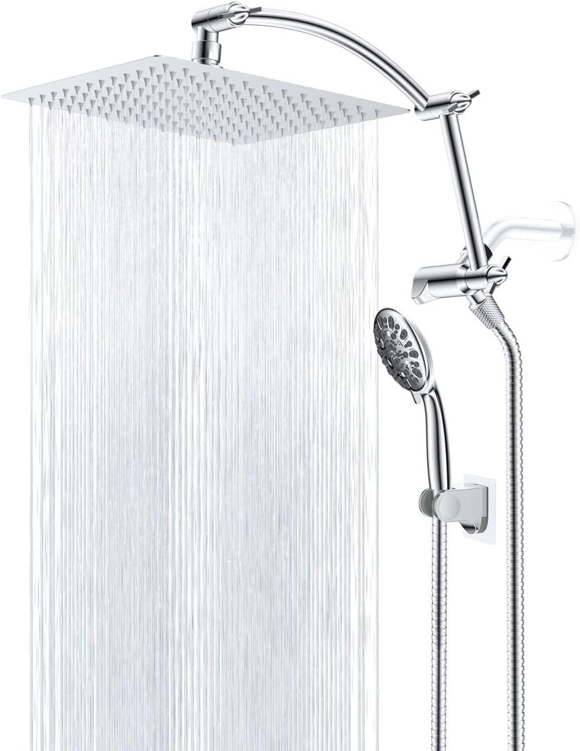 Hibbent All Metal Shower Head, 8'' High Pressure Rain Shower Head, Handheld Showerhead Combo for Bathroom, 16'' Adjustable Shower Extension Arm, 7 Sprays, 71'' Hose, Adhesive Showerhead Holder, Chrome