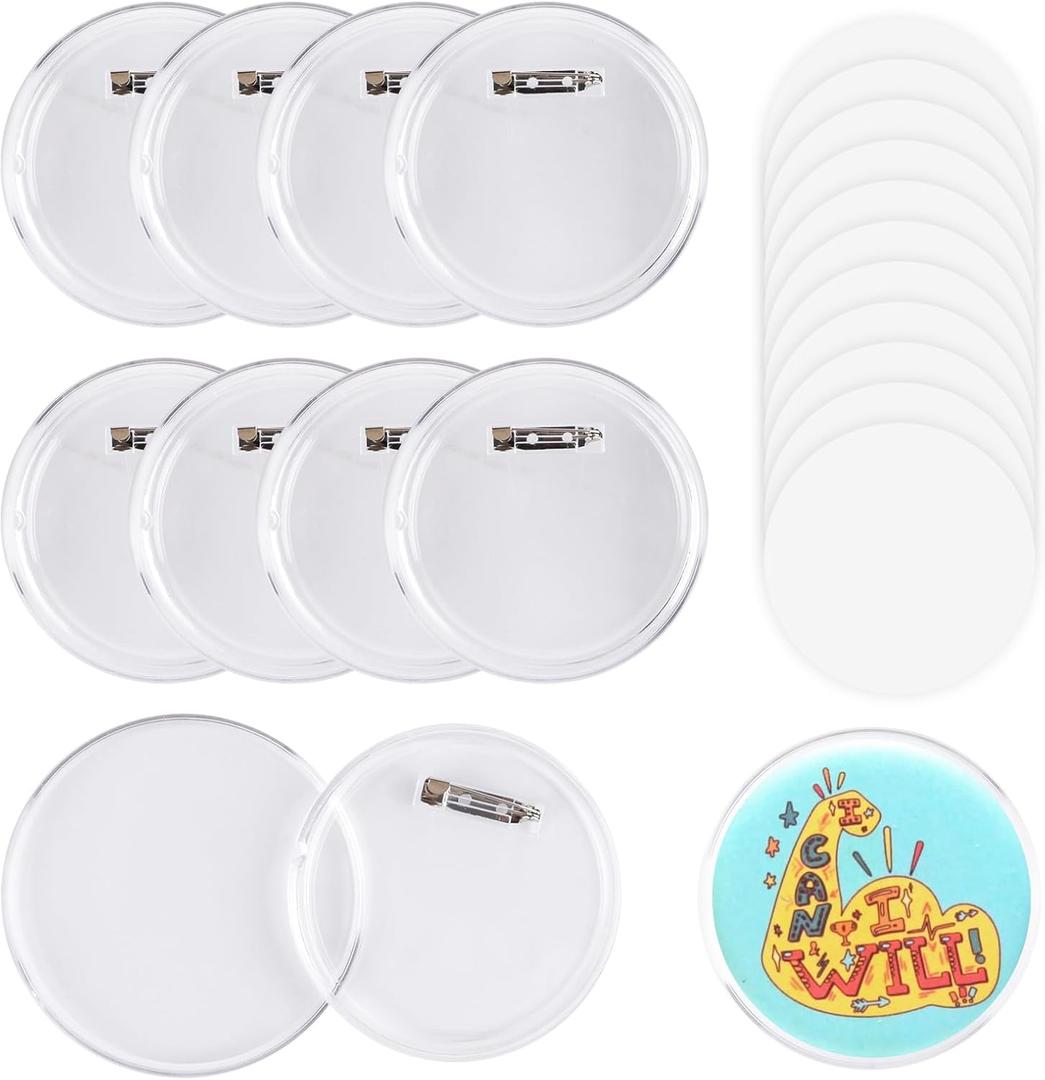 MK.Bear 25 Pack Acrylic Button Pins Badge, 70mm/2.76 Inch Clear Pins Buttons Kit with Blank Round Paper, DIY Badges Acrylic Pin Buttons for Christmas Craft Supplies