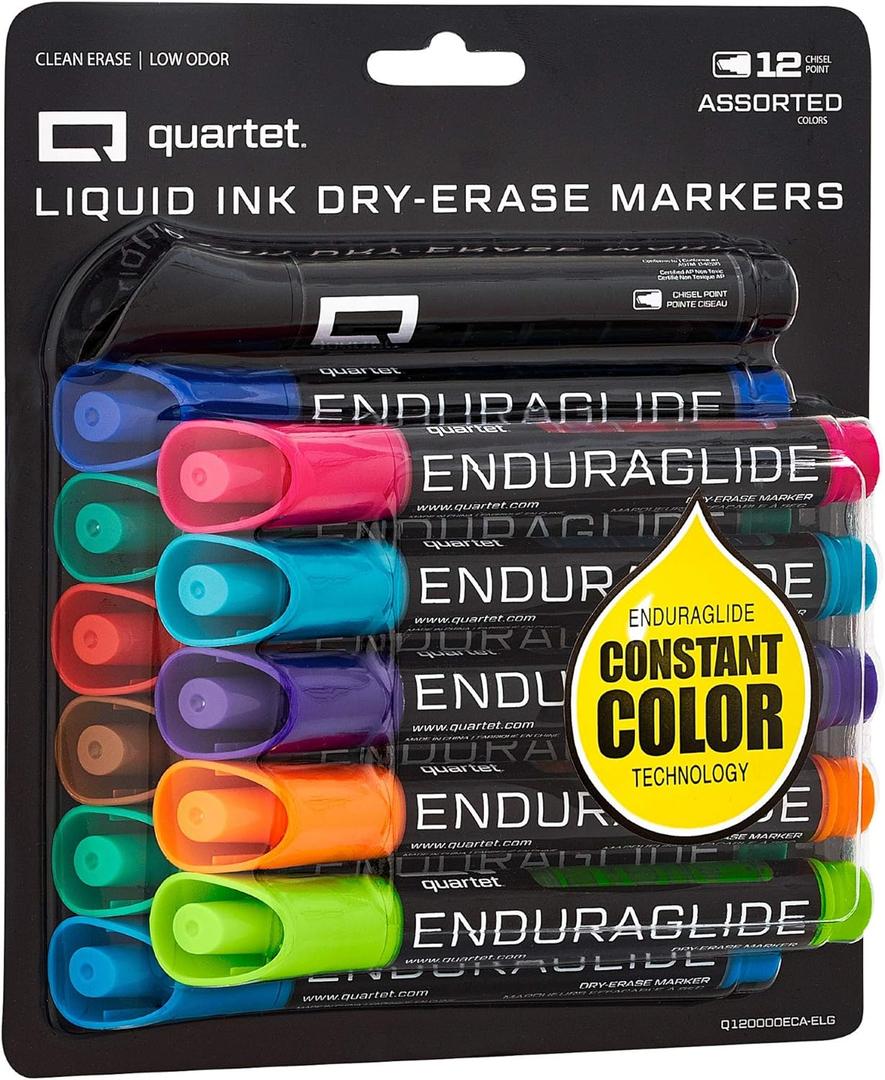 Quartet Dry Erase Markers, Whiteboard Markers, Chisel Tip, EnduraGlide, White Board Dry Erase Pens for Teachers, Home, School & Office Supplies, Assorted Colors, 12 Pack (Q120000ECA)