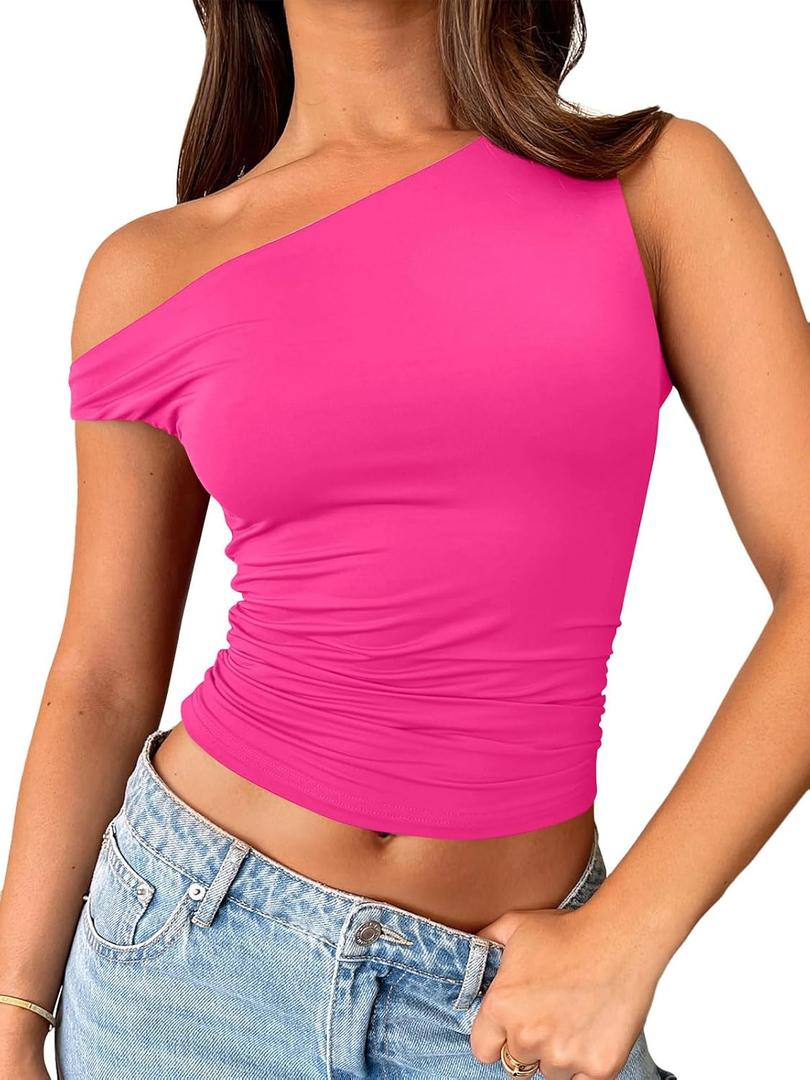 Trendy Queen Womens Summer Cute Going Out Short Sleeve Tops Crop Tank Top Tube Tight Shirts Y2K Basic Corset Asymmetrical Tshirt Holiday Preppy Outfits 2024 Fashion Tee Bright Pink M