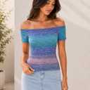 LilyCoco Off The Shoulder Tops for Women Striped Short Sleeve Sexy Going Out Top Multicolor Large (L)