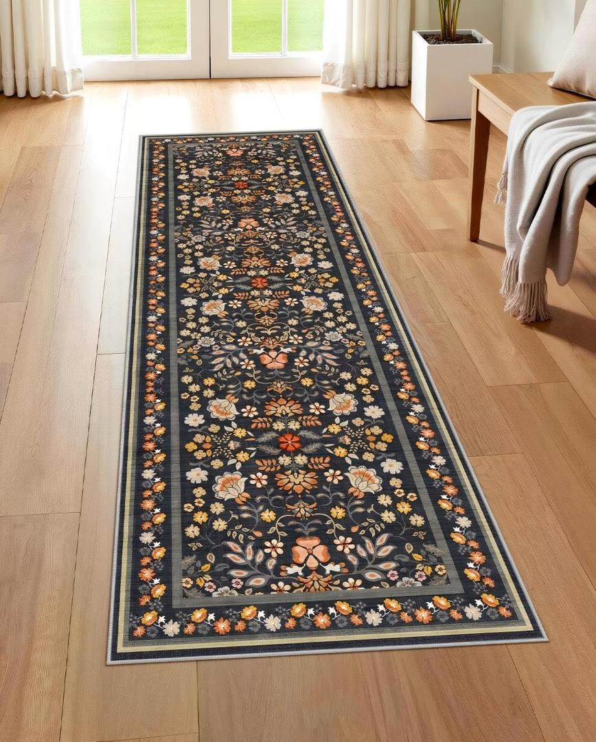 Runner Rug for Hallways Kitchen: 2x6 Washable Area Rug Boho Floral Soft Long Rug - Non-Slip Low Pile Throw Indoor Carpet for Entryway Kitchen Bedroom Laundry Bathroom - Black Grey