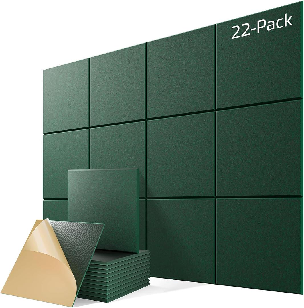 22 Pack Self-Adhesive Acoustic Panels, 12" X 12" X 0.4" High-Density Sound Proof Foam Panels for Walls, Soundproof Wall Panels for Home & Office (Forest Green)