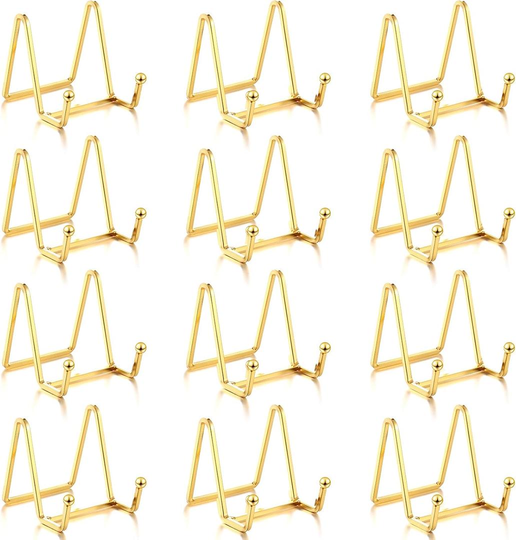 Kenning 12 Pieces Gold Plate Holder Easel Display Stand Metal Book Display Stand Tabletop Picture Frame Holder Photo Square Iron Easel Decorative for Kitchen Office Room Tabletop(3 Inch)
