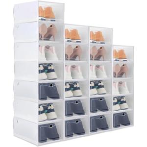 24 Pack Shoe Boxes for Closet Fit Size 9, Stackable Shoe Storage Organizers with Lids Foldable White Plastic Sneaker Containers Display Space Saving, 9.1 x 13 x 5.5 Inches(White)