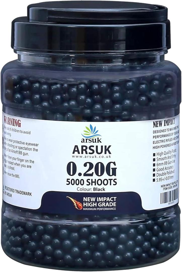 Arsuk 6mm Airsoft BBS 0.20g - Seamless 6mm Plastic Pellets for Precision Target Practice & Tactical Shooting BBS for BB Guns (BBs 5K Tub Black)