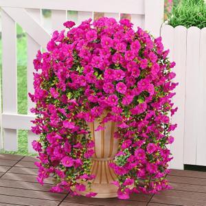 MARTINE MALL 4 Pcs Look Real Artificial Flowers for Outdoors, Realistic Artificial Hanging Flowers for Outdoors, UV Resistant Fake Hanging Plants Silk Petunia Faux Flowers for Porch Patio, Fuchsia